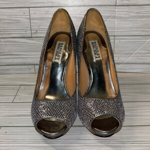 Badgley Mischka Silver Glittery Peep Toe Heels